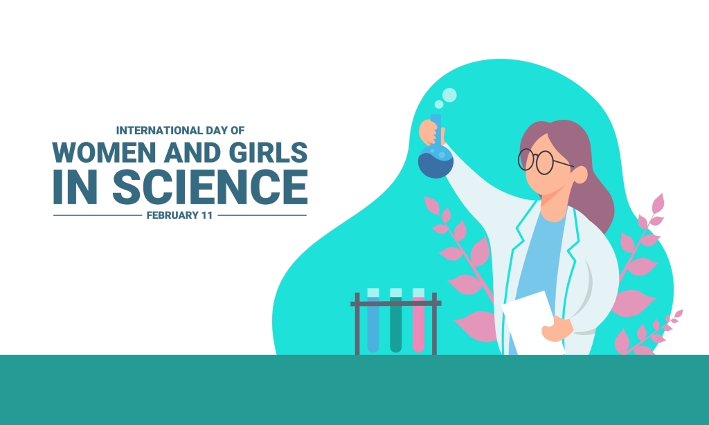 Text reads: International Day of Women and Girls in Science, February 11
Image: cartoon of a young woman with long brown hair and glasses, holding a flask containing a blue solution and bubbles coming out. There is a rack of test tubes on the table in front of her with different coloured samples. She wears a white lab coat and holds a piece of white paper.